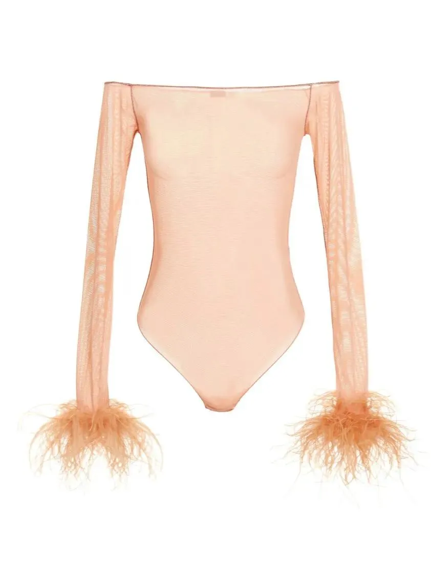Oséree - Feather Transparent Mesh Bodysuit - Größe S - pink Oséree - Feather Transparent Mesh Bodysuit - Größe S - pink