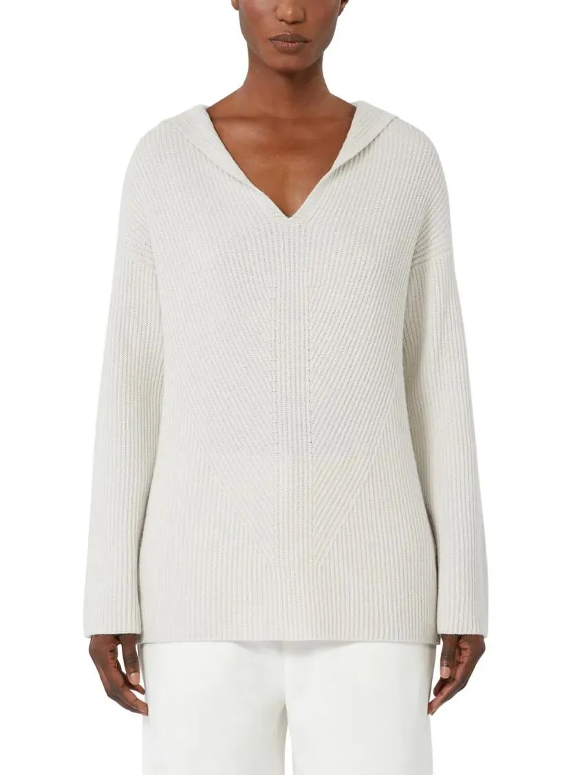 Max Mara - Relaxed Fit Deep V-Neck Sweater With Cozy Hood - Größe S - weiß – Bild 2