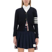 Thom Browne - V-Neck Virgin Wool Cardigan With Striped Detailing - Größe 44 - blau Thom Browne - V-Neck Virgin Wool Cardigan With Striped Detailing - Größe 44 - blau