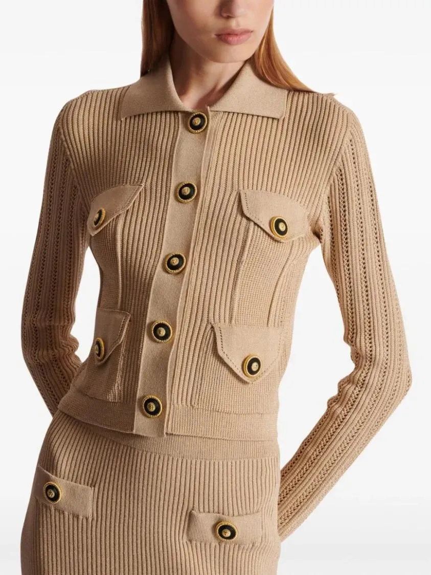 Balmain - Cropped Ribbed Knit Sweater With Classic Collar An - Größe 40 - beige – Bild 4