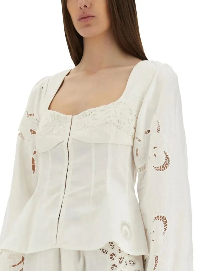 Marine Serre - Fitted White Top With Square Neckline And Floral E - Größe 36 - white – Bild 2