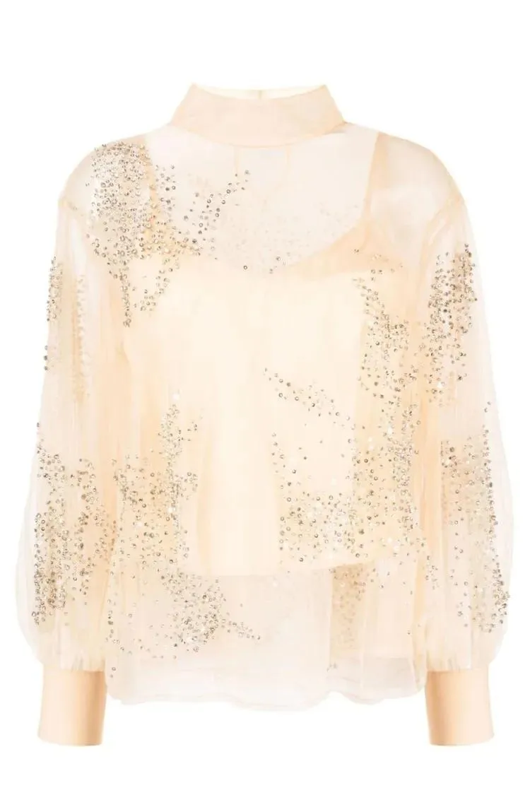 Des Phemmes - Embellished Sheer Sweater With Puff Sleeves And De - Größe 38 - beige Des Phemmes - Embellished Sheer Sweater With Puff Sleeves And De - Größe 38 - beige