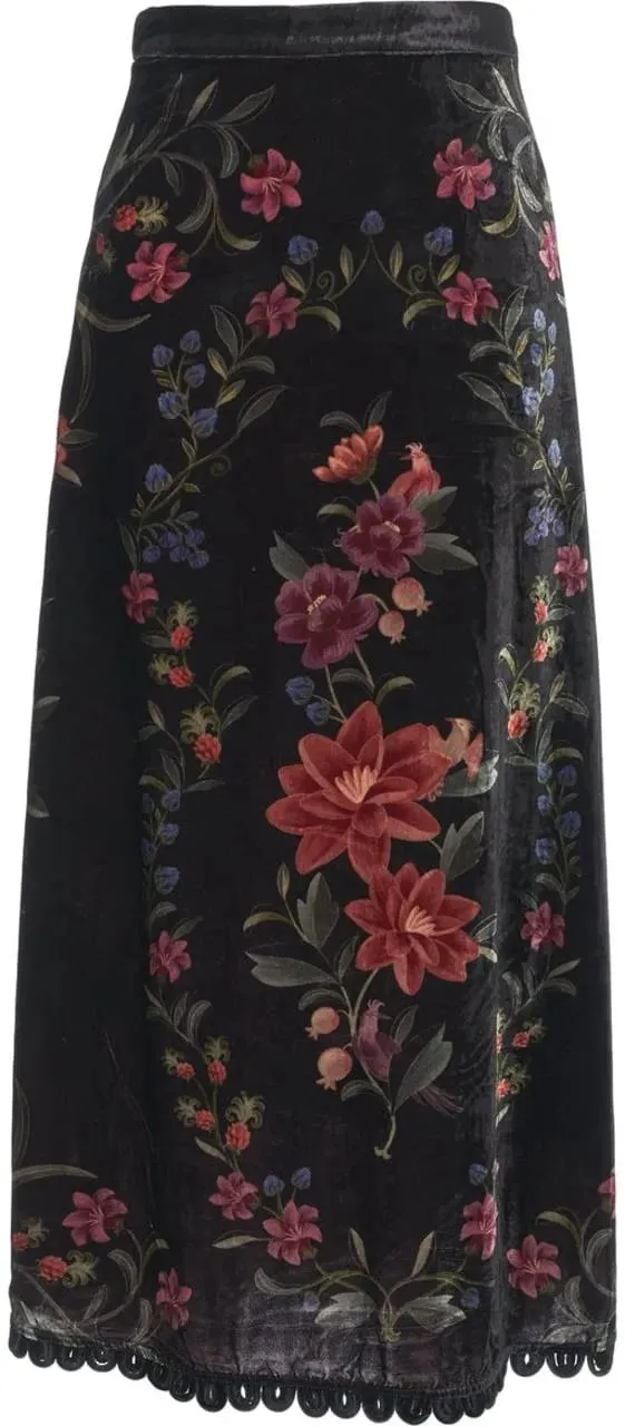 Farm Rio - Velvet skirt with floral print - Größe XL - schwarz Farm Rio - Velvet skirt with floral print - Größe XL - schwarz