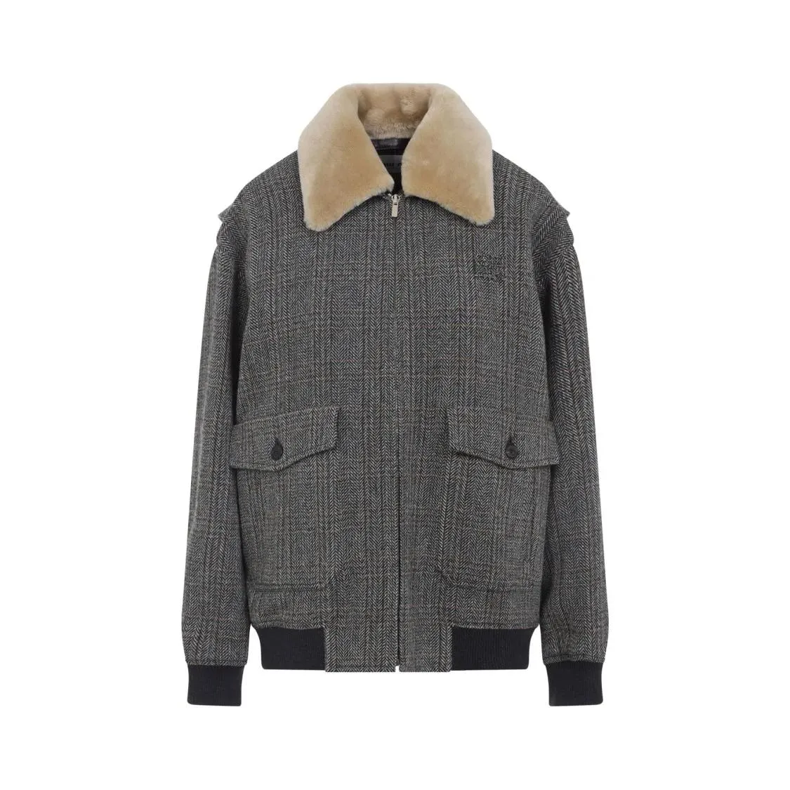 Miu Miu - Grey Shearling-Collared Jacket With Classic Check - Größe 38 - grau Miu Miu - Grey Shearling-Collared Jacket With Classic Check - Größe 38 - grau