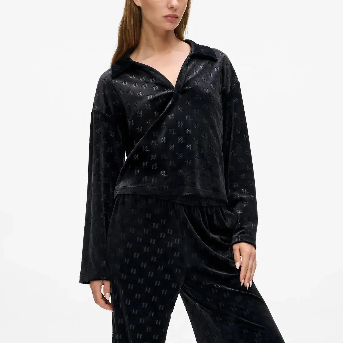 Karl Lagerfeld - Lounge-Poloshirt mit Monogram Top - Größe M - schwarz – Bild 4