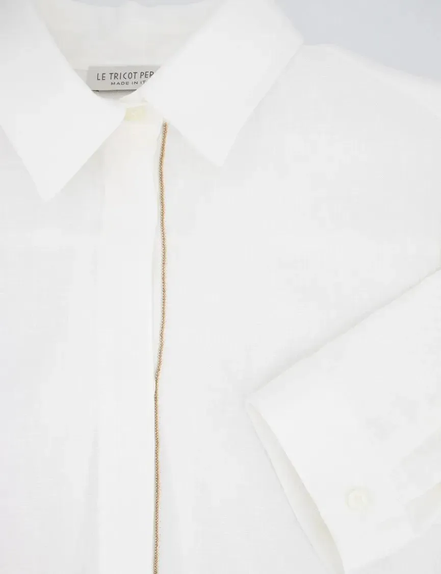 Le Tricot Perugia - Linen Long-Sleeved Dress With Contrasting Decorati - Größe M - weiß – Bild 2