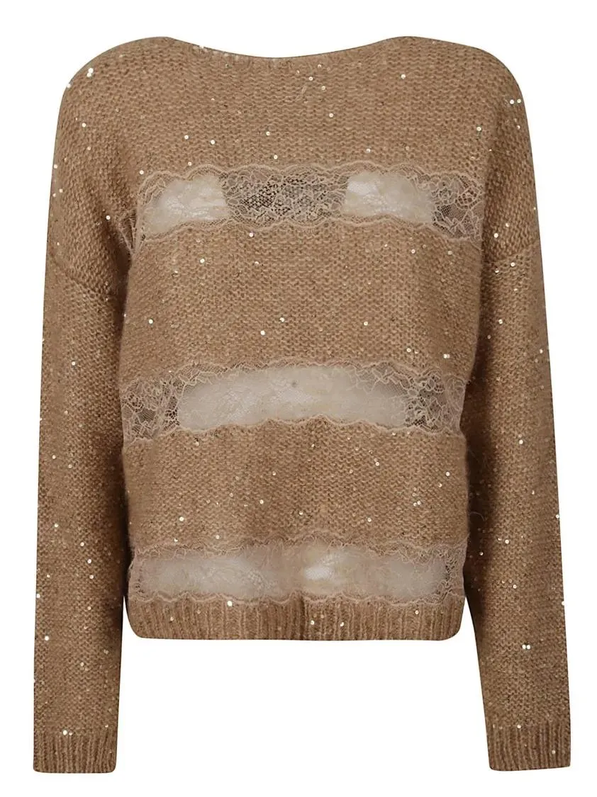 Ermanno Firenze - Boat Neck Sweater With Lace Inserts - Größe 42 - braun Ermanno Firenze - Boat Neck Sweater With Lace Inserts - Größe 42 - braun