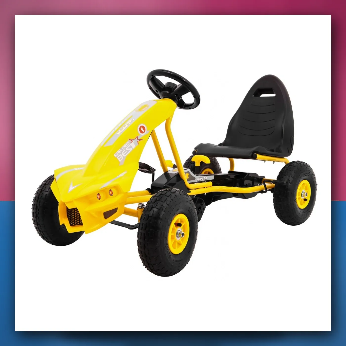 Gokart Šampion na pedale za djecu 3 + žuti + Pumpano pneumatike + Regulirano sjedalo + Ručni kočnica - slika 1