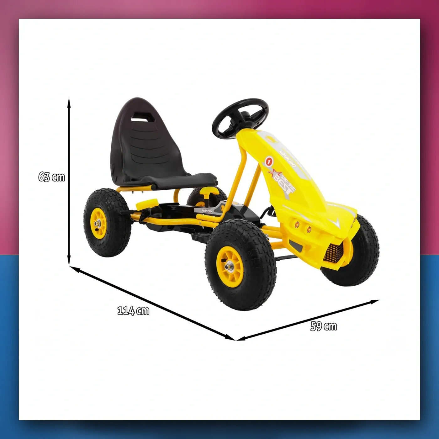Gokart Šampion na pedale za djecu 3 + žuti + Pumpano pneumatike + Regulirano sjedalo + Ručni kočnica - slika 1