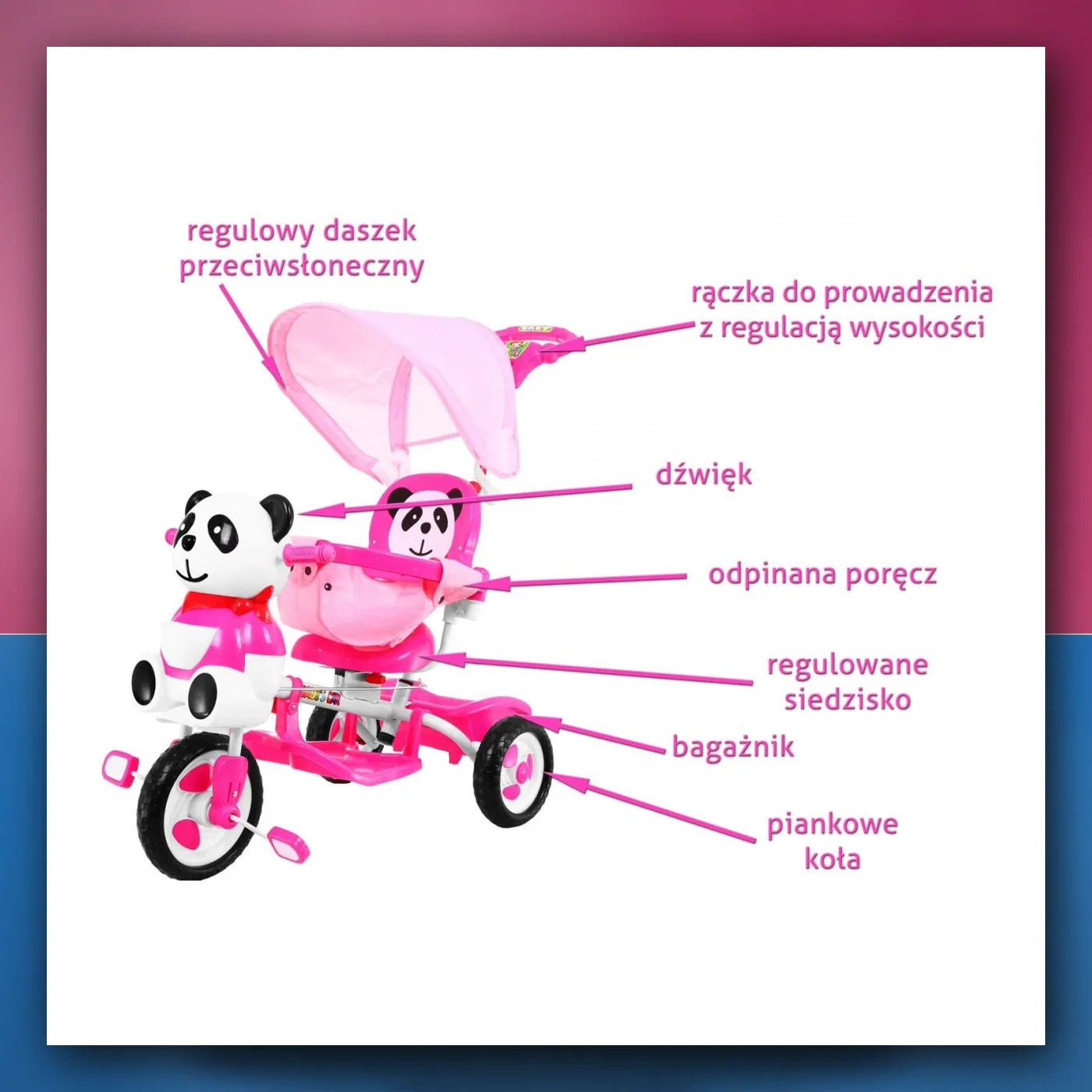 Dječji tricikl Panda ružičasti + zvukovi + nadstrešnica + zaštitna ogradica + oslonac za noge + ručka za guranje + pretinac