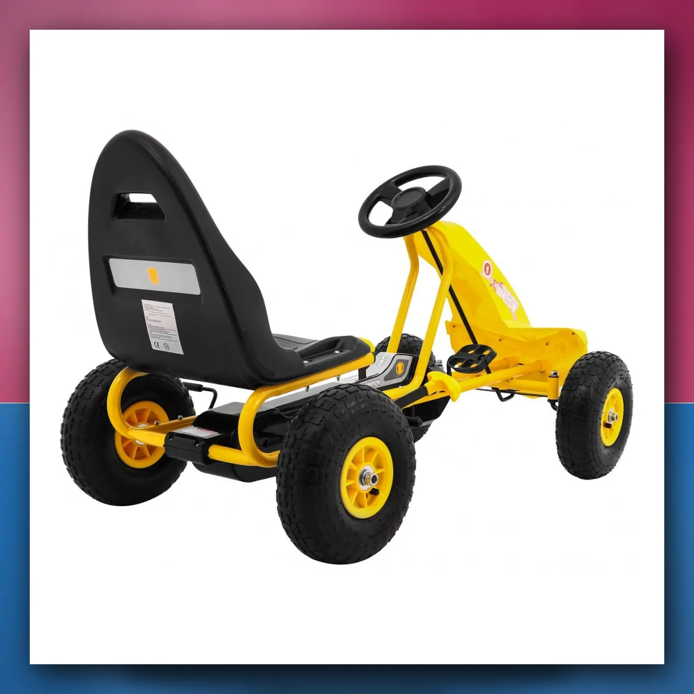 Gokart Šampion na pedale za djecu 3 + žuti + Pumpano pneumatike + Regulirano sjedalo + Ručni kočnica - slika 1