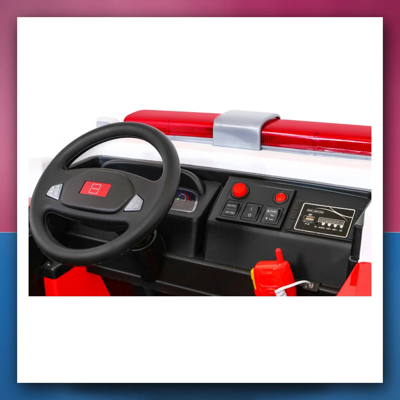 Kolica Vatrogasci na akumulator za djecu - + Top vodena + Megafon + Pijetao vatrogasni + Daljinski upravljač - slika 1