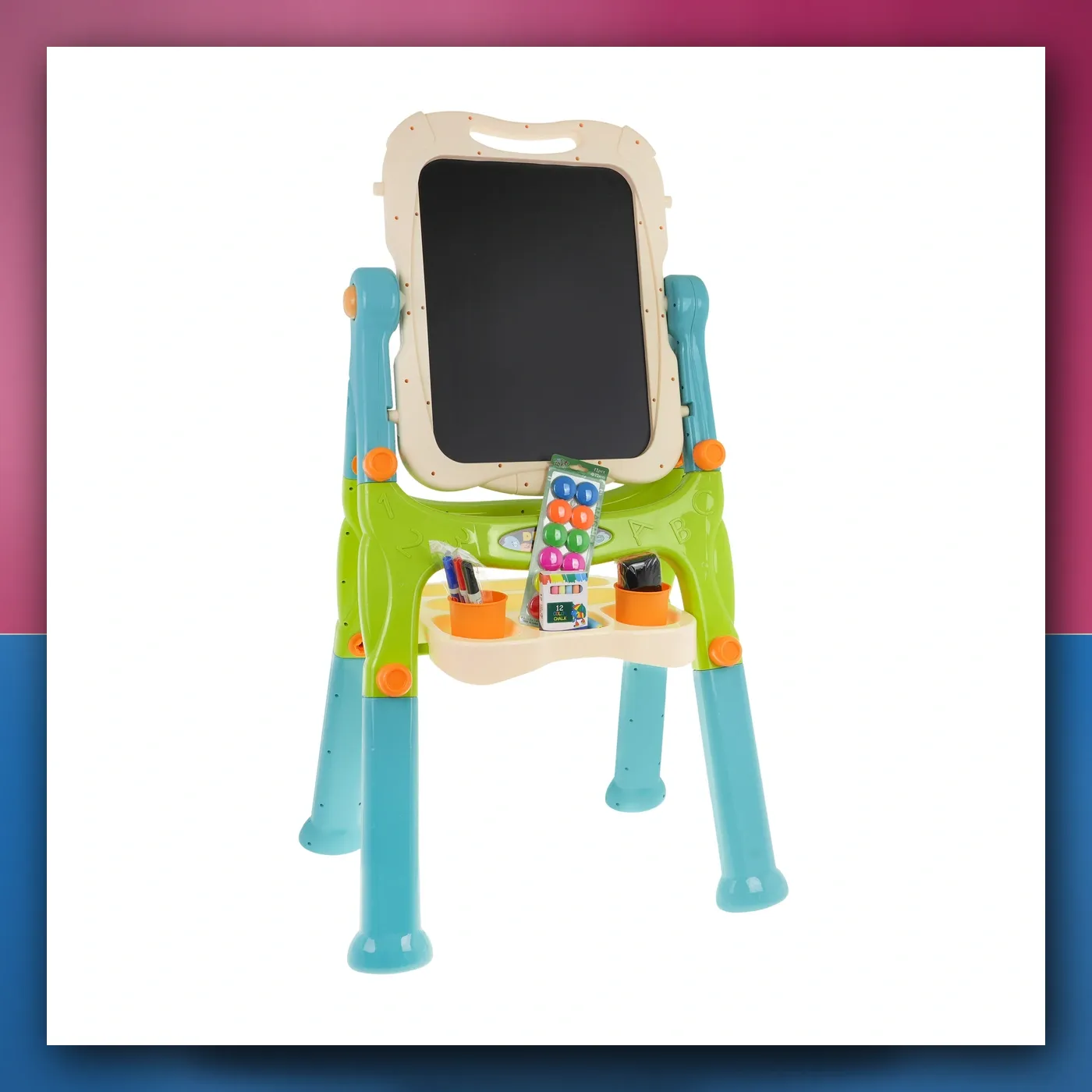 Tabla 2w1 magnetyczno - kreda za djecu 3 + Dodaci + Regulacija visina + Stolica + Polica + Flomasteri Kreda - slika 1