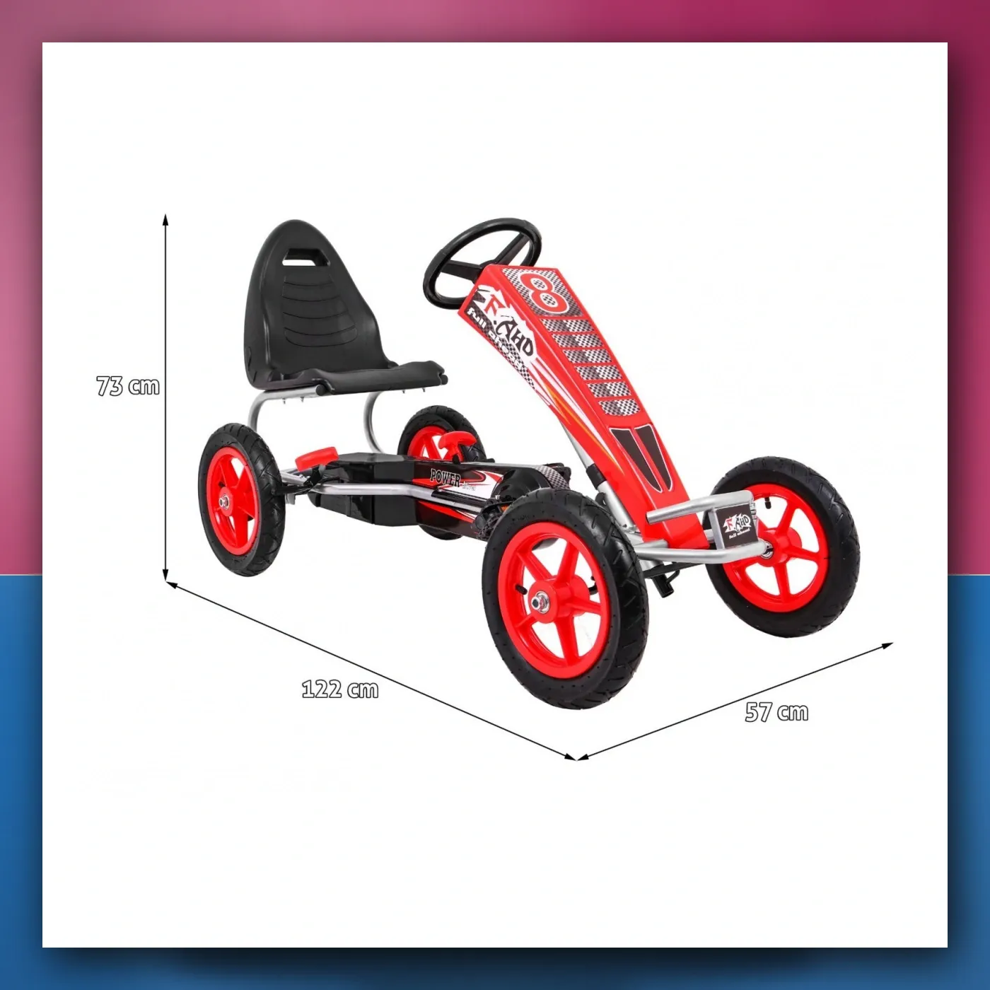 Gokart Pun Ispred ZRAK na pedale za djecu 3 + crveni + Regulacija sjedala + Pumpano kotači + kočnica ručni - slika 1