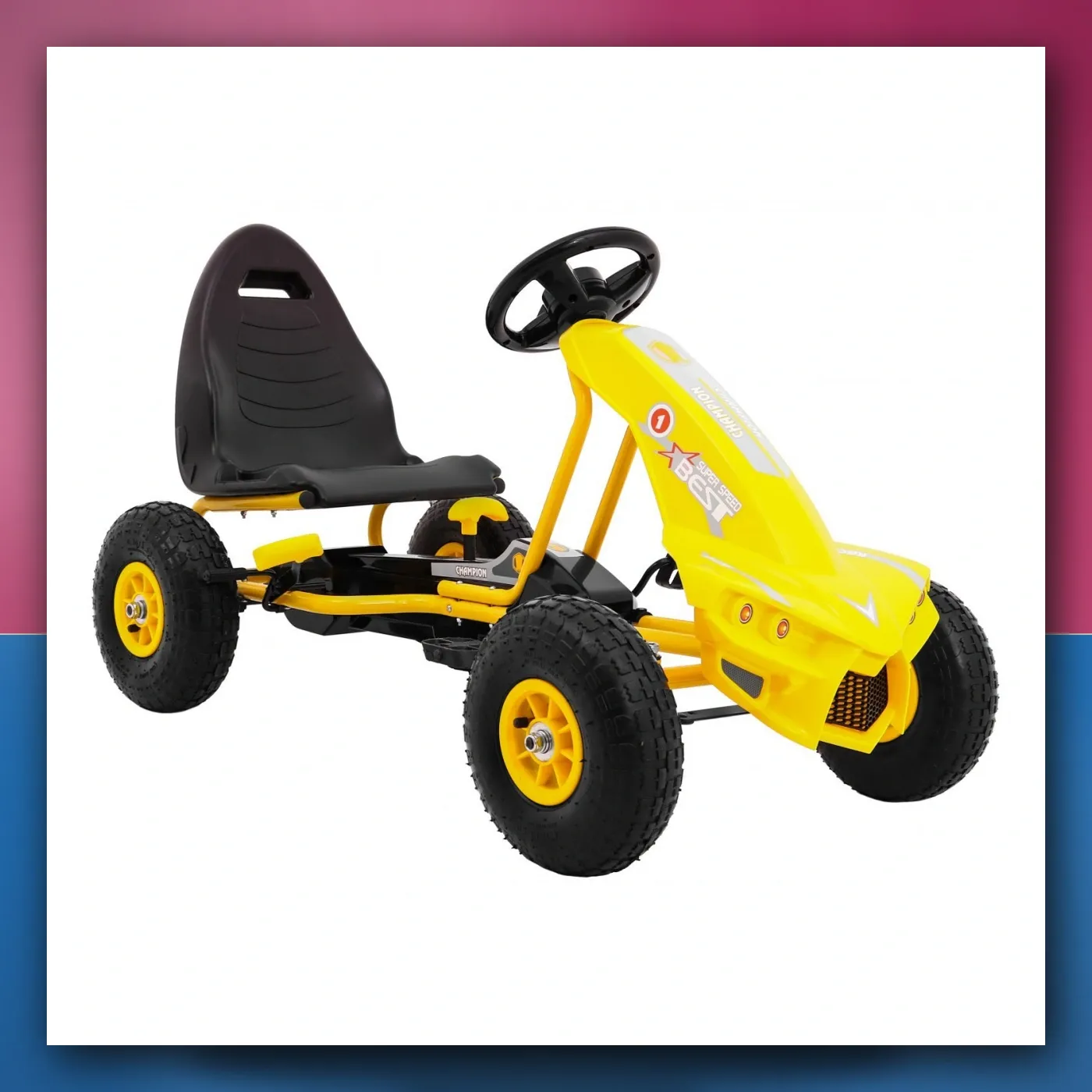 Gokart Šampion na pedale za djecu 3 + žuti + Pumpano pneumatike + Regulirano sjedalo + Ručni kočnica - slika 1