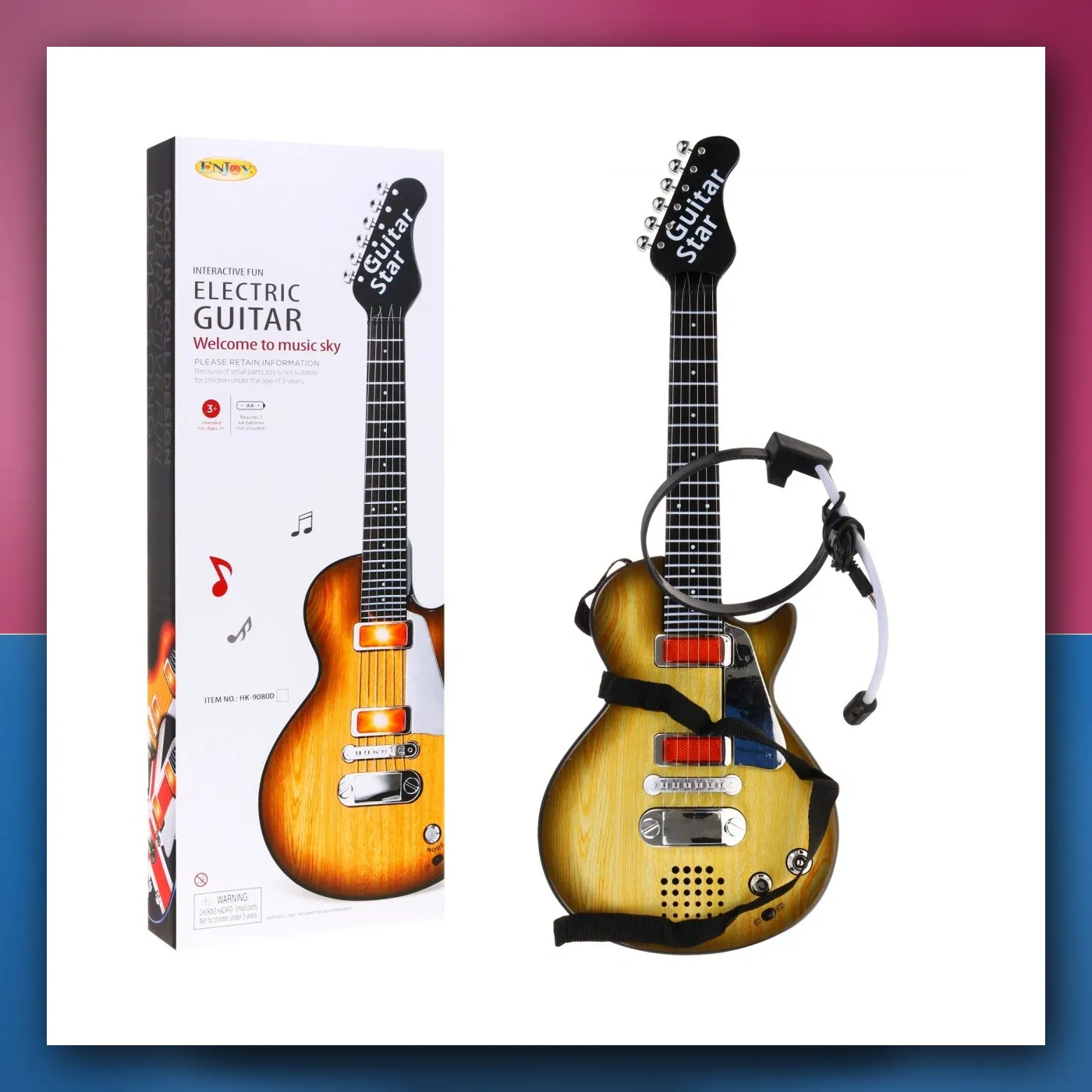 Električna Gitara za djecu 3 + iverzija drva + Slušalice s mikrofonom + Zvukovi i svjetla - slika 1