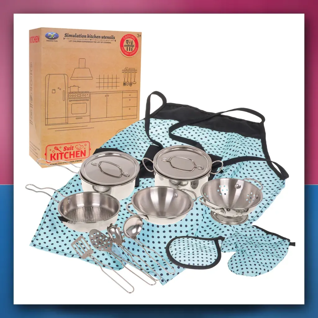 set Metalnih Lonaca za djecu 3 + Pribor Kuhinjski + Kecelja + Dodaci 13 el. - slika 2