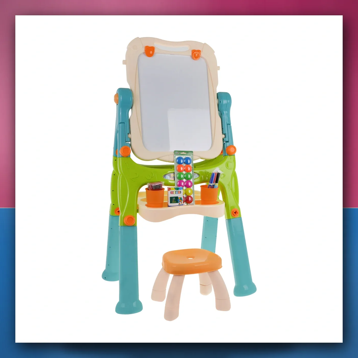 Tabla 2w1 magnetyczno - kreda za djecu 3 + Dodaci + Regulacija visina + Stolica + Polica + Flomasteri Kreda - slika 1