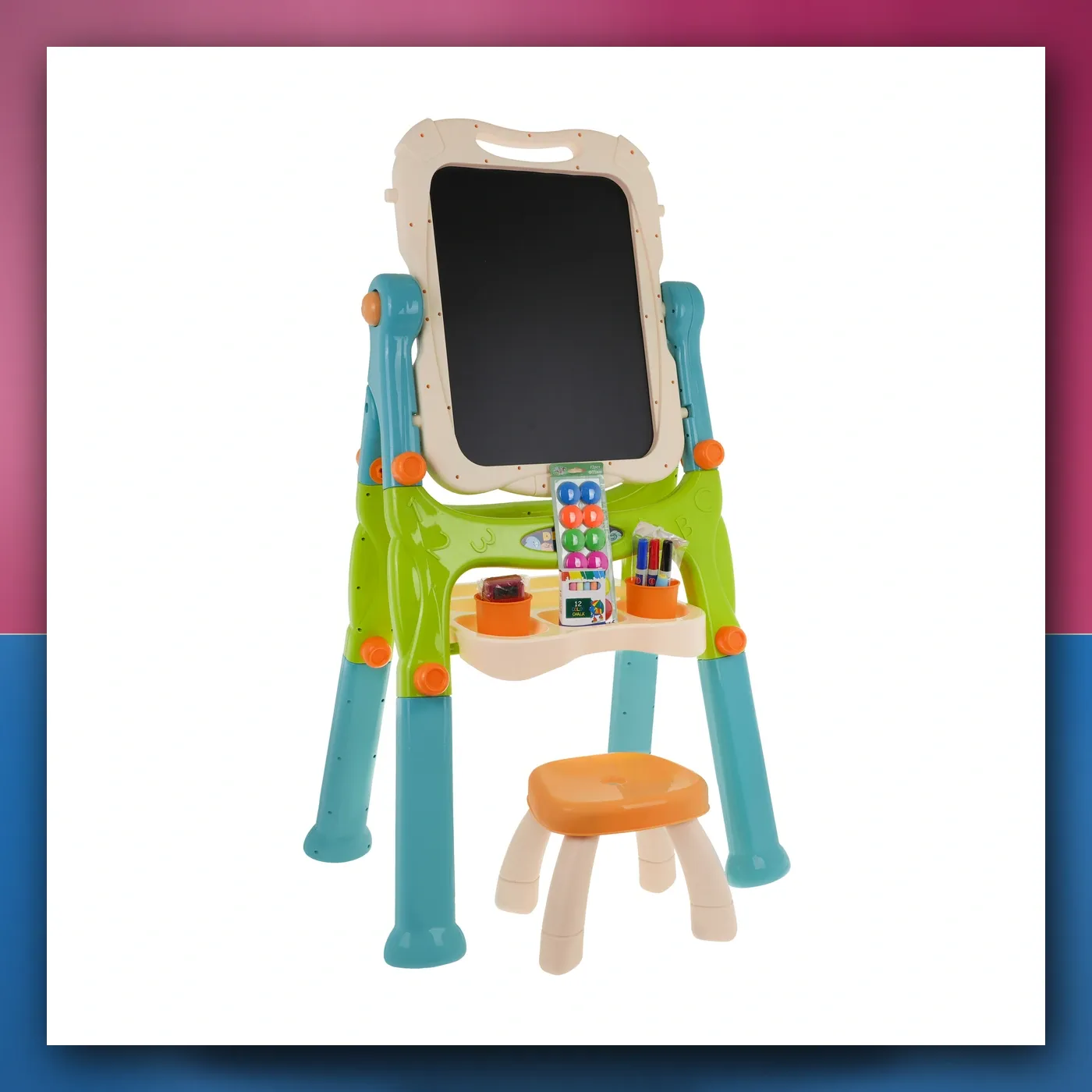 Tabla 2w1 magnetyczno - kreda za djecu 3 + Dodaci + Regulacija visina + Stolica + Polica + Flomasteri Kreda - slika 1