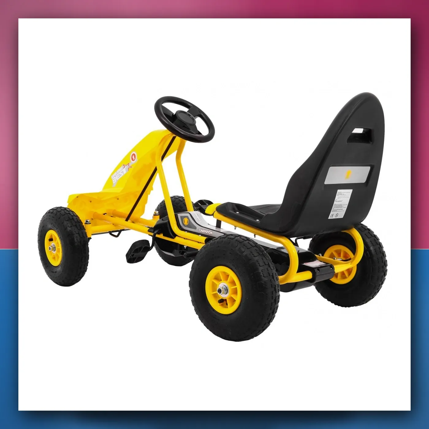 Gokart Šampion na pedale za djecu 3 + žuti + Pumpano pneumatike + Regulirano sjedalo + Ručni kočnica - slika 1