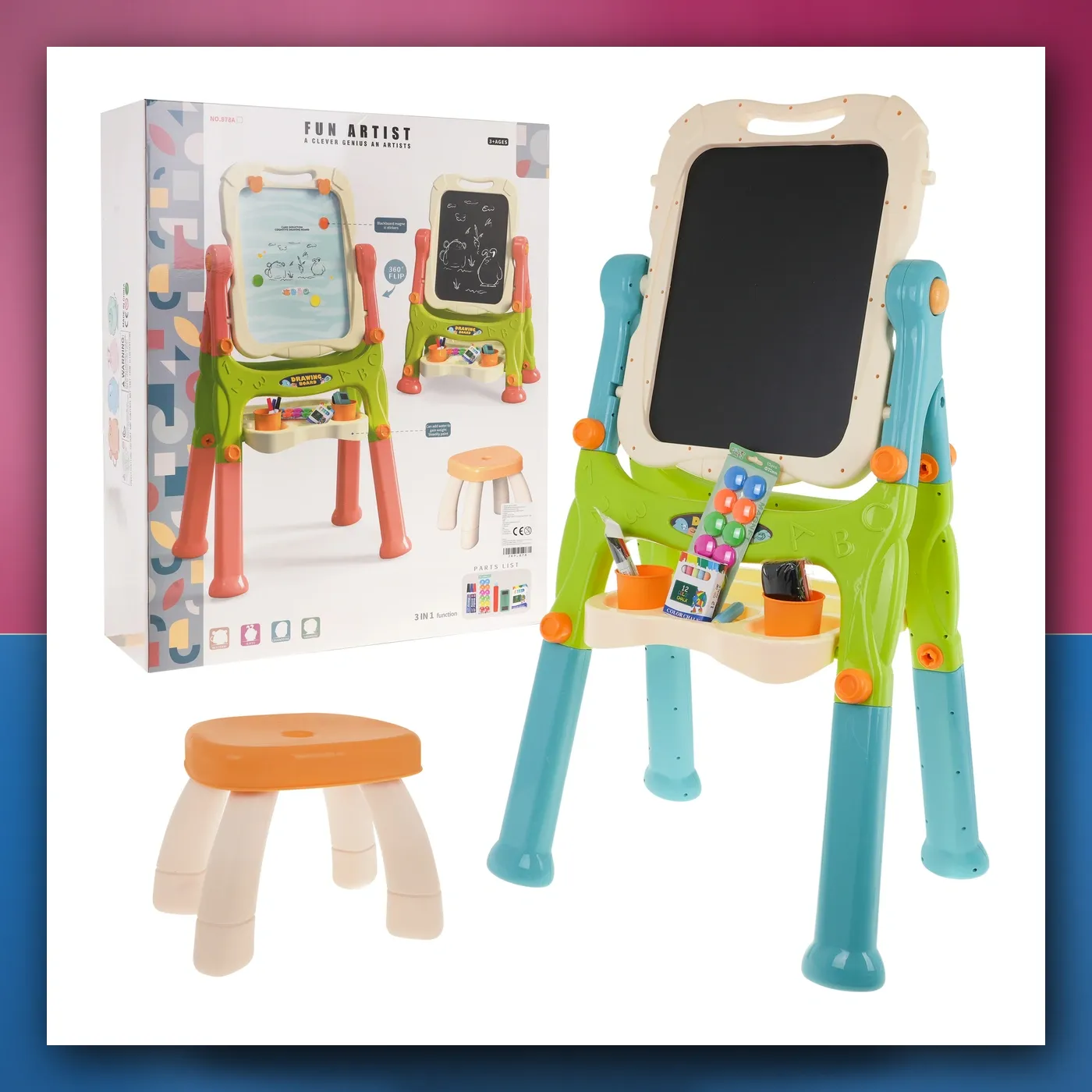 Tabla 2w1 magnetyczno - kreda za djecu 3 + Dodaci + Regulacija visina + Stolica + Polica + Flomasteri Kreda - slika 1