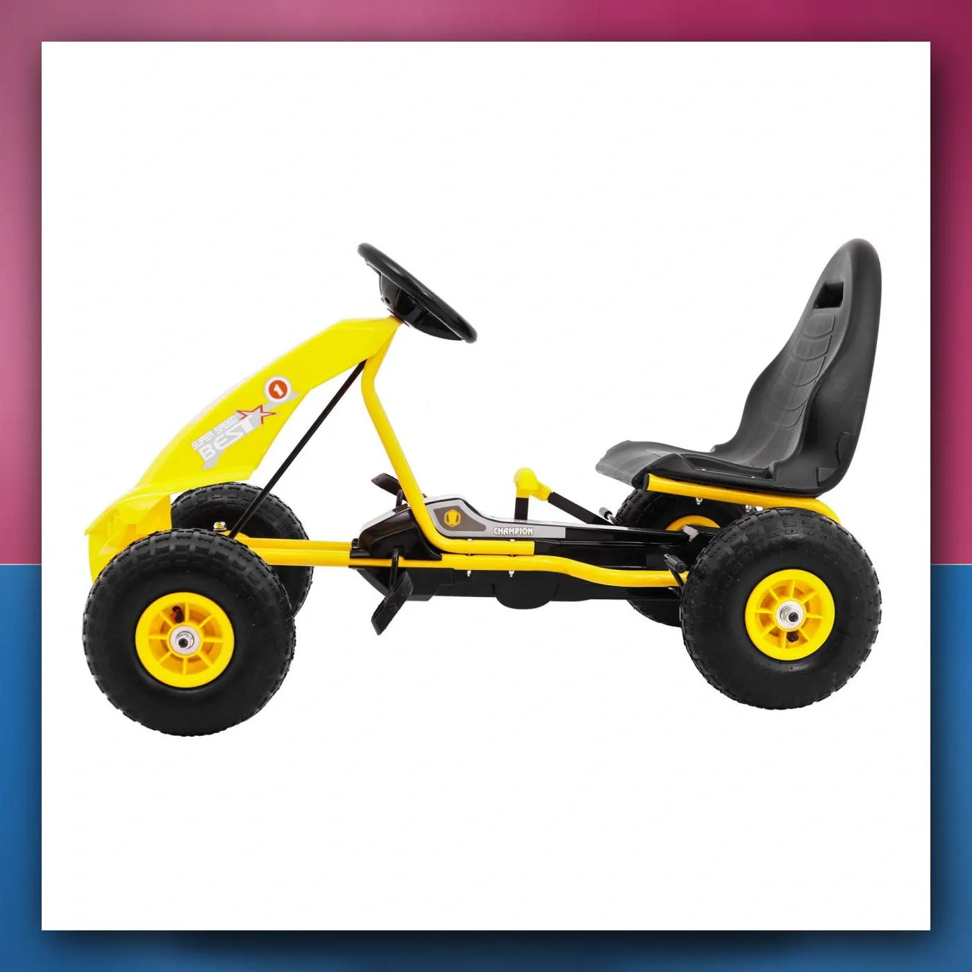 Gokart Šampion na pedale za djecu 3 + žuti + Pumpano pneumatike + Regulirano sjedalo + Ručni kočnica - slika 1