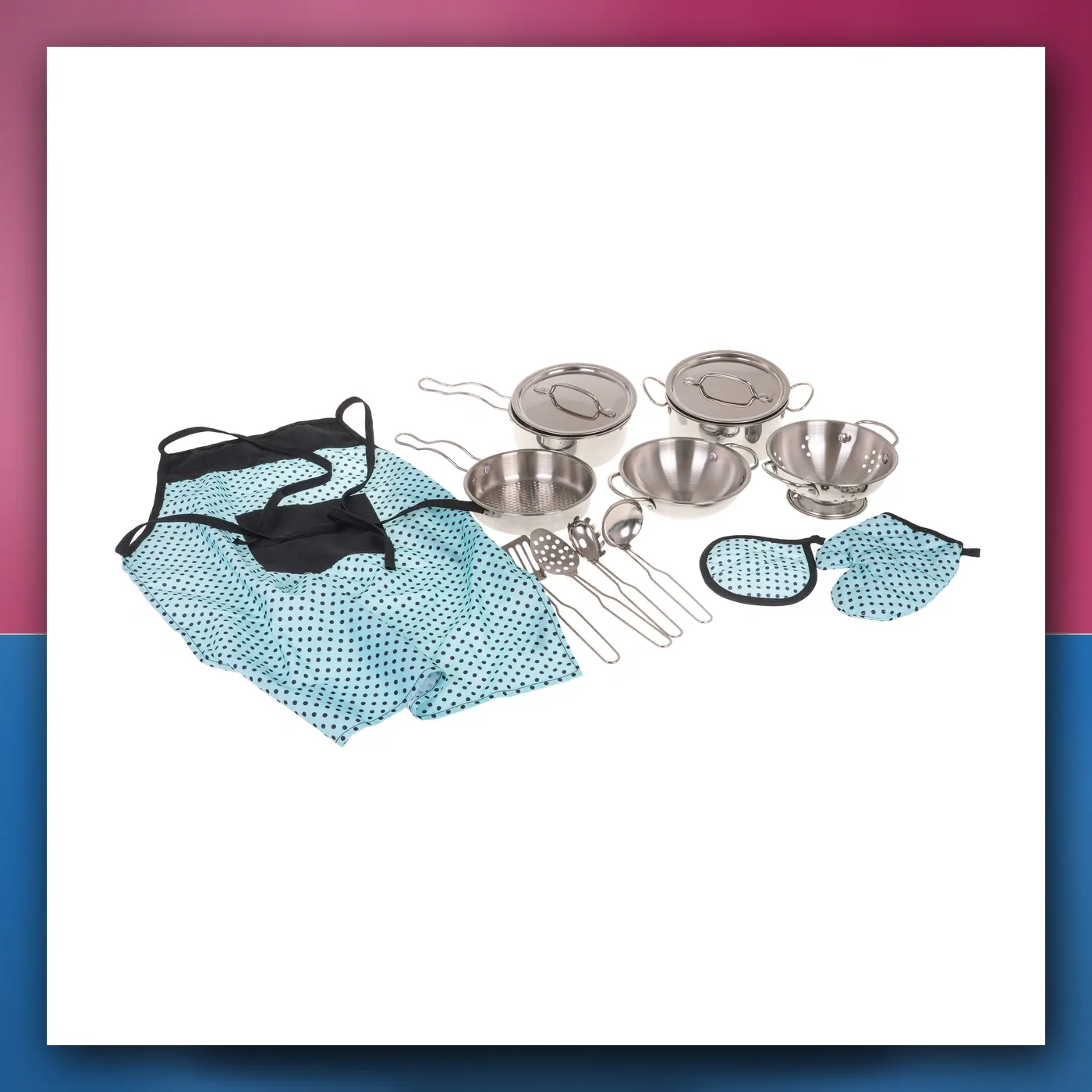 set Metalnih Lonaca za djecu 3 + Pribor Kuhinjski + Kecelja + Dodaci 13 el. - slika 1