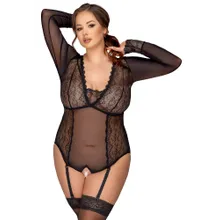 Body ouvert mit Strapsen, Powernet mit Spitzen-Einsätzen Body ouvert mit Strapsen, Powernet mit Spitzen-Einsätzen