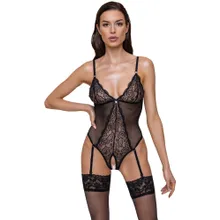 Body ouvert mit abnehmbaren Strapsen, Powernet und Spitze im Mix Body ouvert mit abnehmbaren Strapsen, Powernet und Spitze im Mix
