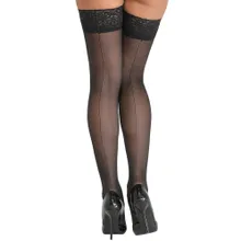 Halterlose Strümpfe mit Naht hinten und 8-cm-Spitzenabschluss, Oeko-Tex zertifiziert Halterlose Strümpfe mit Naht hinten und 8-cm-Spitzenabschluss, Oeko-Tex zertifiziert