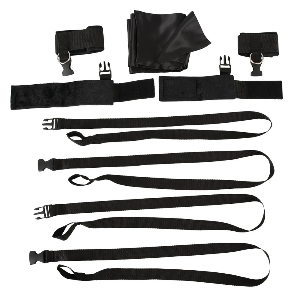7-teiliges Bettfessel-Set mit Bondage-Schal aus Satin 7-teiliges Bettfessel-Set mit Bondage-Schal aus Satin