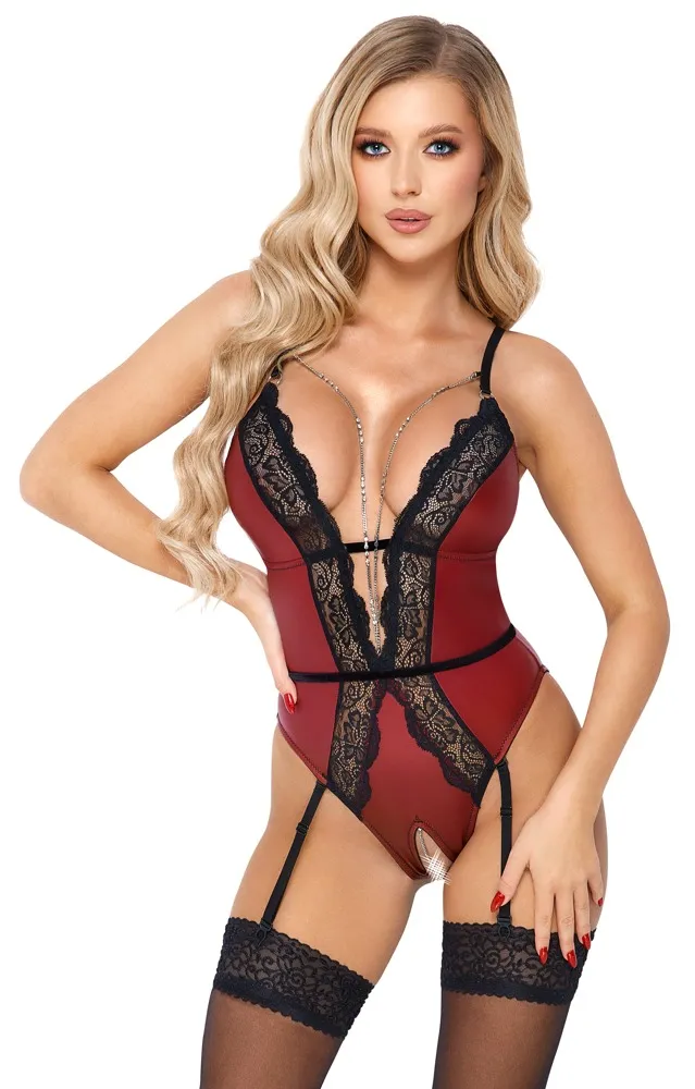 Body ouvert mit Strapsen, edler roter Mattlook mit schwarzer Spitze Body ouvert mit Strapsen, edler roter Mattlook mit schwarzer Spitze