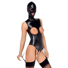 Body ouvert mit angenähter Kopfmaske und abnehmbaren Strapsen Body ouvert mit angenähter Kopfmaske und abnehmbaren Strapsen