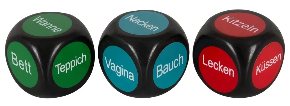3-teiliges Set „Lustwürfel“ mit Körperteil, Ort und Aktion 3-teiliges Set „Lustwürfel“ mit Körperteil, Ort und Aktion