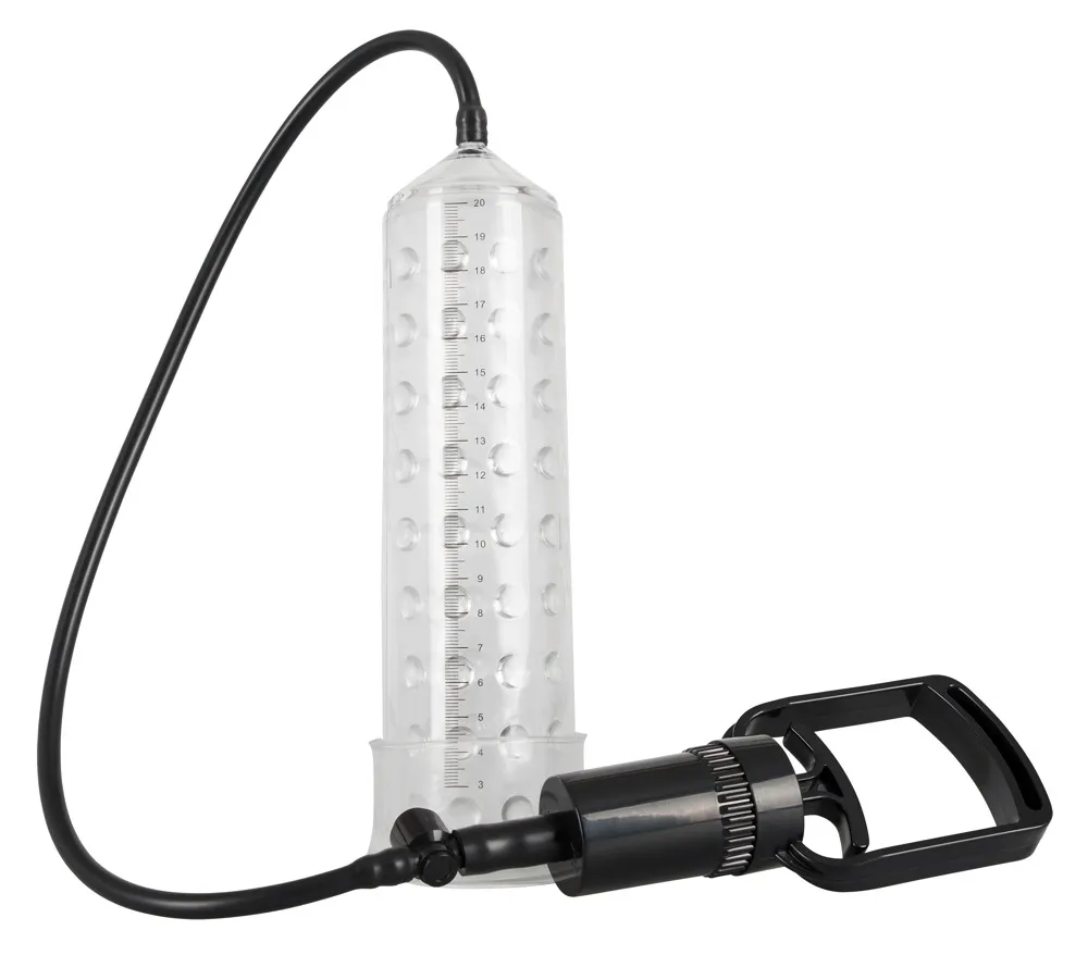 Penispumpe mit Zweifinger-Pumpgriff, Messskala und Noppen-Sleeve Penispumpe mit Zweifinger-Pumpgriff, Messskala und Noppen-Sleeve