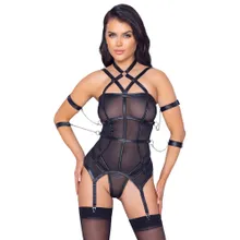 Strapshemd plus String aus Powernet, Riemendetails im Mattlook Strapshemd plus String aus Powernet, Riemendetails im Mattlook