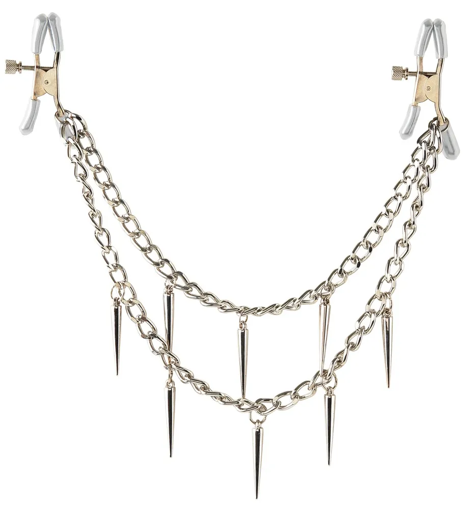 Nippelklammern „Rock Hard Nipple Clamps“, mit stylischer Metallkette voller Spikes, 31 cm Nippelklammern „Rock Hard Nipple Clamps“, mit stylischer Metallkette voller Spikes, 31 cm