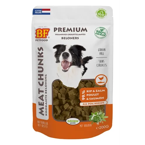 BF PETFOOD MEAT CHUNKS KIP EN ZALM 200 GR BF PETFOOD MEAT CHUNKS KIP EN ZALM 200 GR