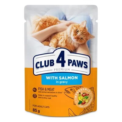 CLUB 4 PAWS PREMIUM ADULT POUCH ZALM IN SAUS 24X85 GR CLUB 4 PAWS PREMIUM ADULT POUCH ZALM IN SAUS 24X85 GR