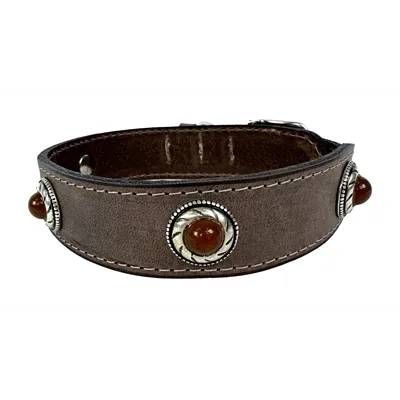 ZZZSAZZZ HALSBAND HOND BOHO TREASURE STONE VINTAGE LEER BRUIN 42-50X3,5 CM ZZZSAZZZ HALSBAND HOND BOHO TREASURE STONE VINTAGE LEER BRUIN 42-50X3,5 CM