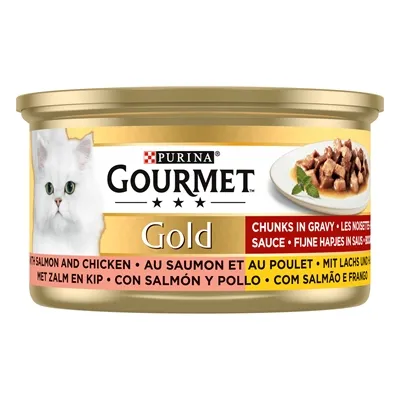 GOURMET GOLD FIJNE HAPJES ZALM / KIP 24X85 GR GOURMET GOLD FIJNE HAPJES ZALM / KIP 24X85 GR