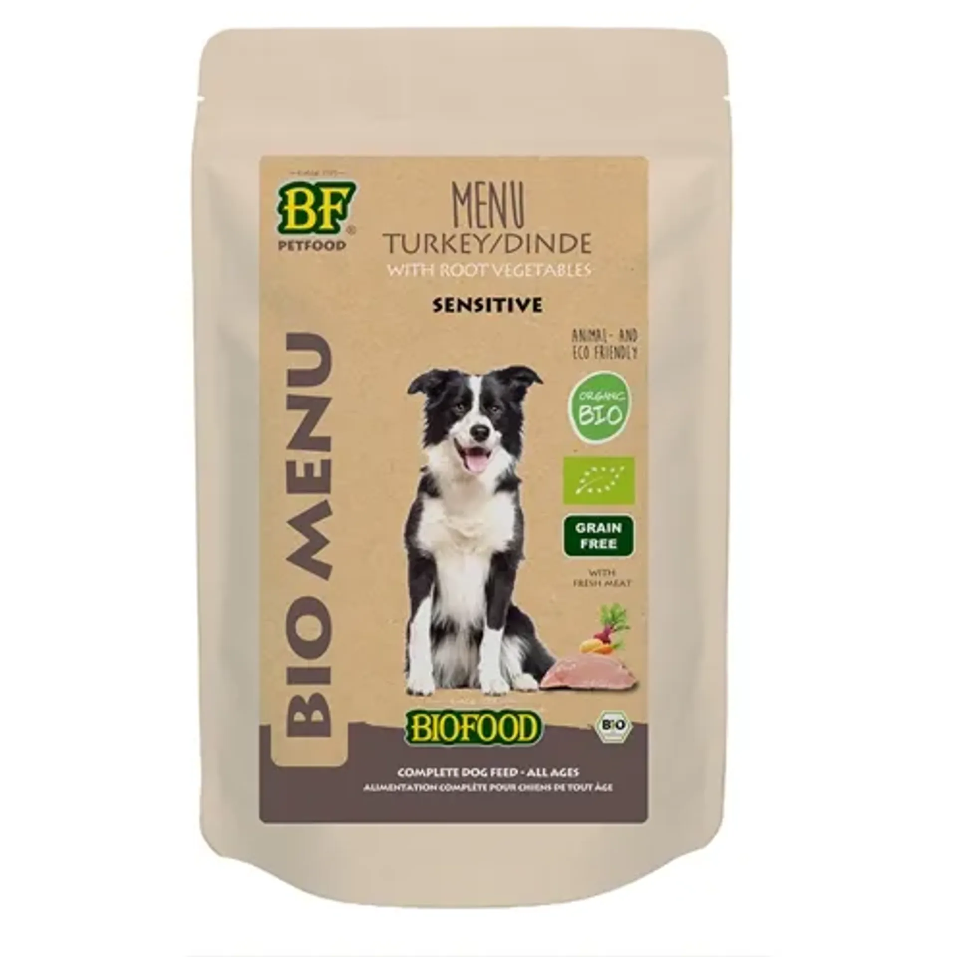 BF PETFOOD ORGANIC HOND KALKOEN MENU POUCH 15X150 GR