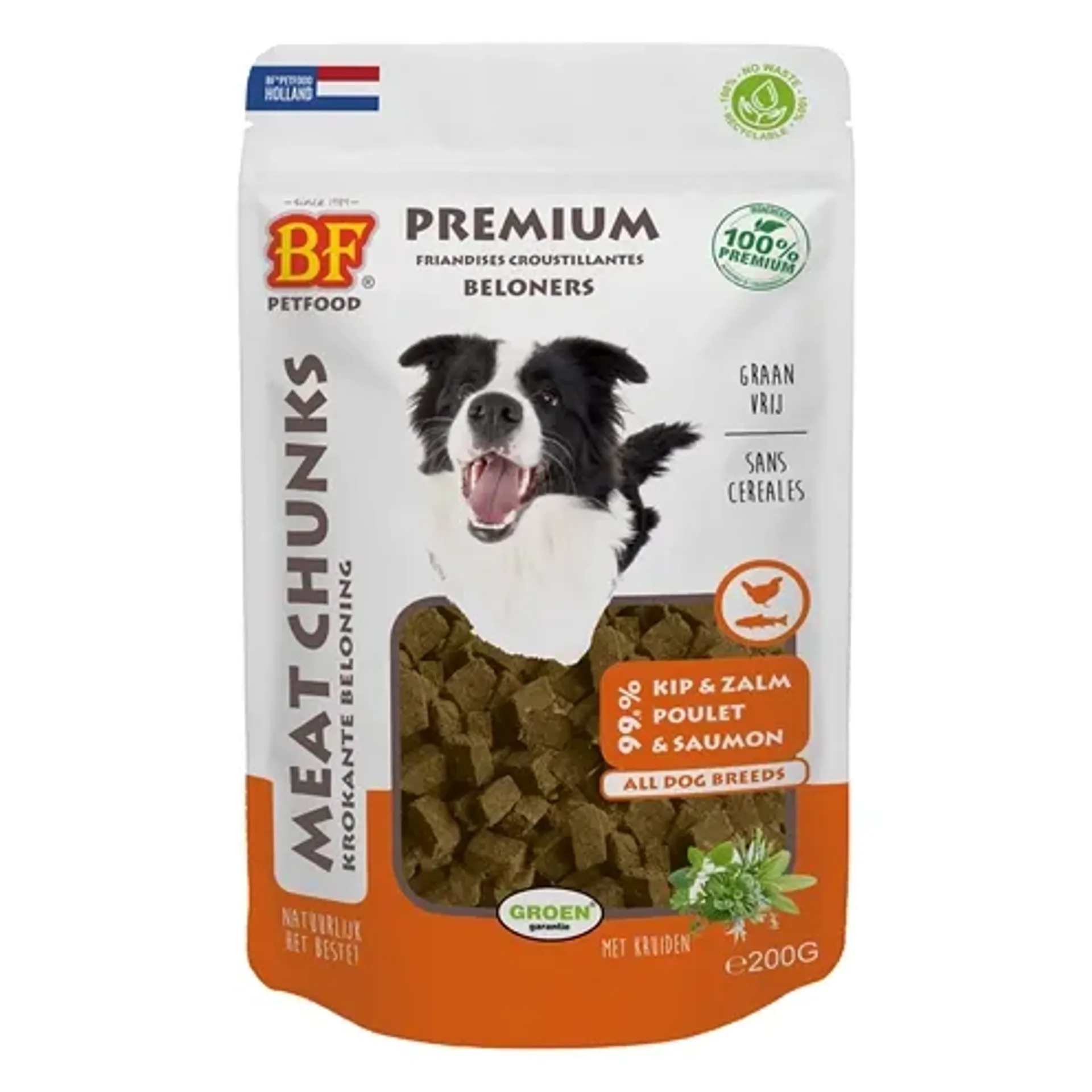 BF PETFOOD MEAT CHUNKS KIP EN ZALM 200 GR