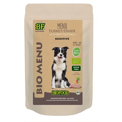 BF PETFOOD ORGANIC HOND KALKOEN MENU POUCH 15X150 GR BF PETFOOD ORGANIC HOND KALKOEN MENU POUCH 15X150 GR