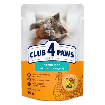 CLUB 4 PAWS PREMIUM ADULT STERILISED POUCH KALKOEN IN SAUS 24X80 GR CLUB 4 PAWS PREMIUM ADULT STERILISED POUCH KALKOEN IN SAUS 24X80 GR