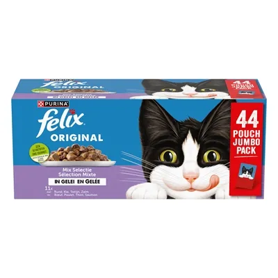 FELIX POUCH ORIGINAL IN GELEI MIX BOX RUND / KIP / TONIJN / ZALM 44X85 GR FELIX POUCH ORIGINAL IN GELEI MIX BOX RUND / KIP / TONIJN / ZALM 44X85 GR