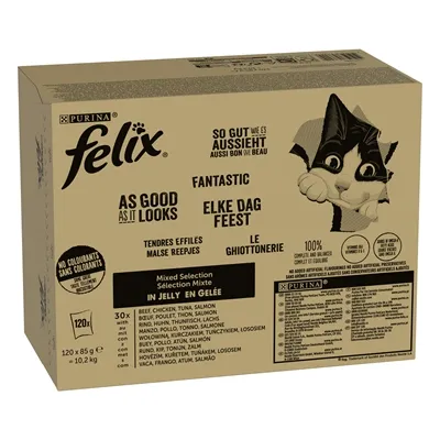FELIX MIXED SELECTION IN GELEI RUND / KIP / TONIJN / ZALM 120X85 GR FELIX MIXED SELECTION IN GELEI RUND / KIP / TONIJN / ZALM 120X85 GR