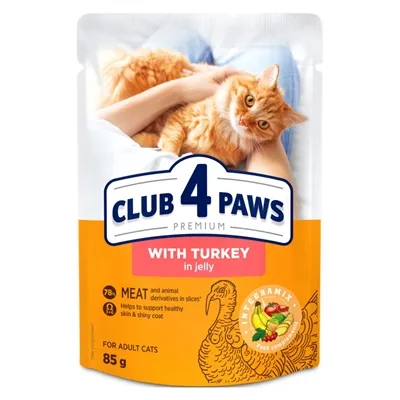 CLUB 4 PAWS PREMIUM ADULT POUCH KALKOEN IN GELEI 24X85 GR CLUB 4 PAWS PREMIUM ADULT POUCH KALKOEN IN GELEI 24X85 GR