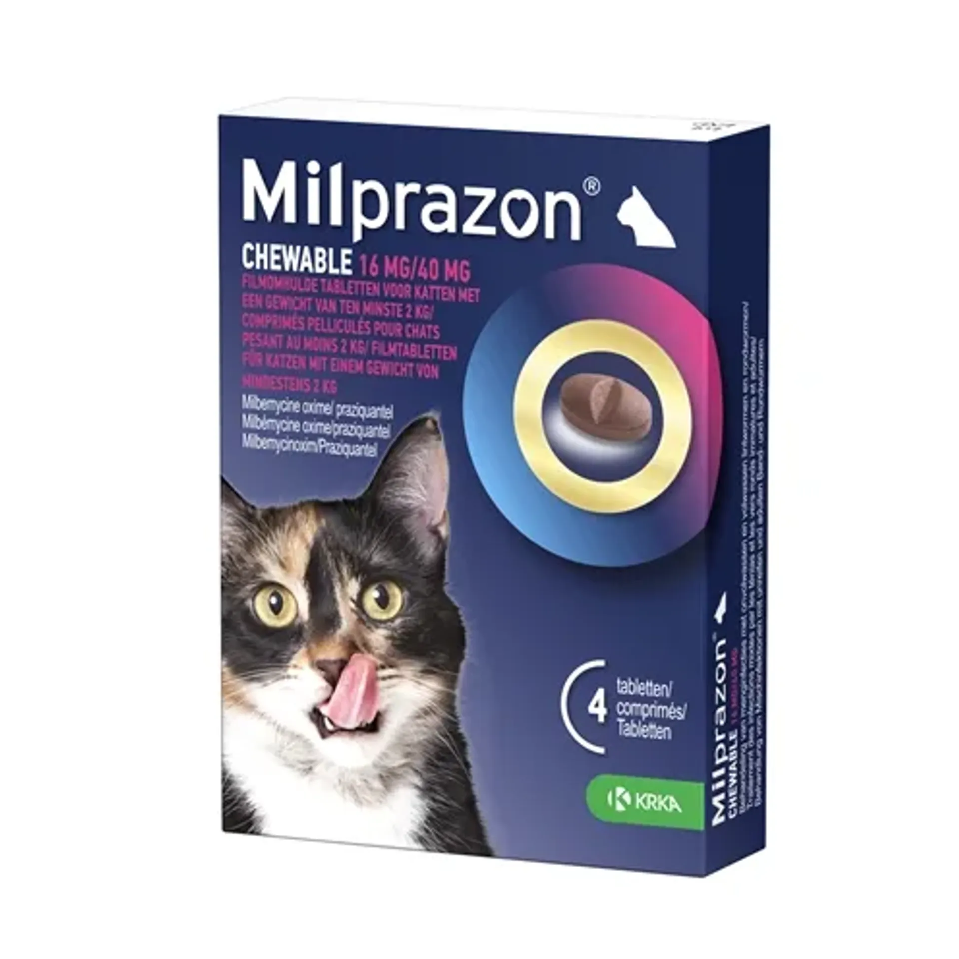 ZZZKRKA MILPRAZON KAUWTABLETTEN ONTWORMINGSTABLETTEN KAT >2 KG 16 MG/40 MG 4 TBL