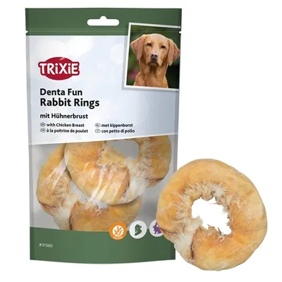 TRIXIE DENTA FUN RABBIT RINGS MET KIPPENBORST 9,5 CM 100 GR TRIXIE DENTA FUN RABBIT RINGS MET KIPPENBORST 9,5 CM 100 GR